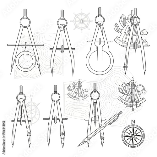 Vintage navigation tools and nautical instruments for charting voyages and exploring the seas