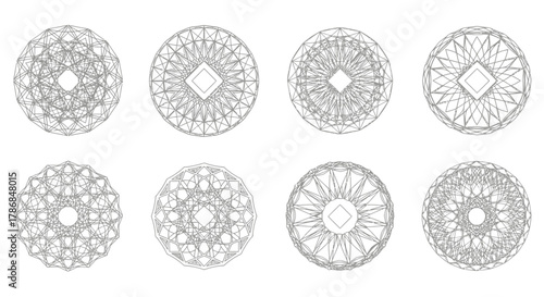 Intricate geometric mandala patterns showcase symmetrical design and complex mathematical beauty for creative projects