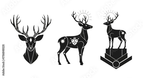 Stunning geometric deer designs symbolizing nature, technology, and spirit with intricate patterns and celestial elements for modern branding