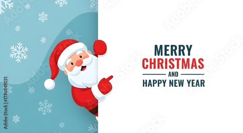 Konstfotografi Smiling Santa Claus peeks from a snowy blue background, pointing to festive holiday greetings