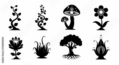 Whimsical nature elements collection featuring plants, flowers, mushrooms, and a stylized tree, perfect for enchanting designs and magical themes