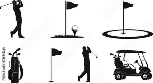 Golf silhouettes, golfer swing, tee and ball, putting green flag, golf cart, club bag, course icons, sports equipment, black vector illustration