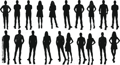 Human silhouettes collection, diverse standing poses, two-row arrangement, varied body shapes and clothing styles, neutral posture icons for design, marketing, UX illustration