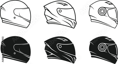 Motorcycle helmet silhouettes, protective gear icons with visor styles, biker safety vector illustration set, motorbike lifestyle artwork, transportation graphic design elements