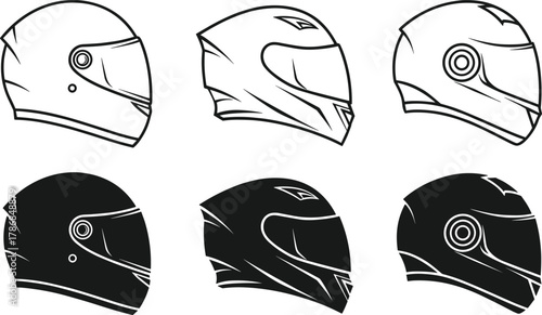 Motorcycle helmet silhouettes, protective gear icons with visor variations, biker safety vector illustration set, motorbike lifestyle artwork, transportation graphic design elements