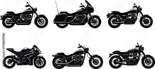 Motorcycle silhouette icons, cruiser, touring, sportbike, chopper, café racer, standard bike designs, vector illustration set, biker lifestyle artwork, automotive graphic elements