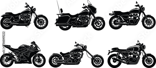 Motorcycle silhouette icons, cruiser, touring, sportbike, chopper, classic standard bike designs, vector illustration set, transportation symbols, biker lifestyle artwork, automotive graphics