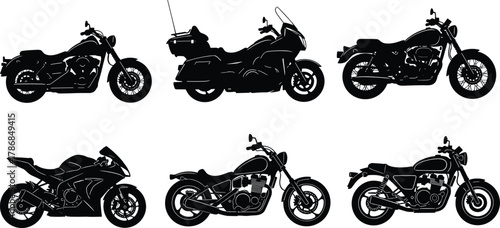 Motorcycle silhouette icons, cruiser, sportbike, chopper, standard bike designs, vector illustration set, transportation symbols, biker lifestyle artwork, automotive graphic elements