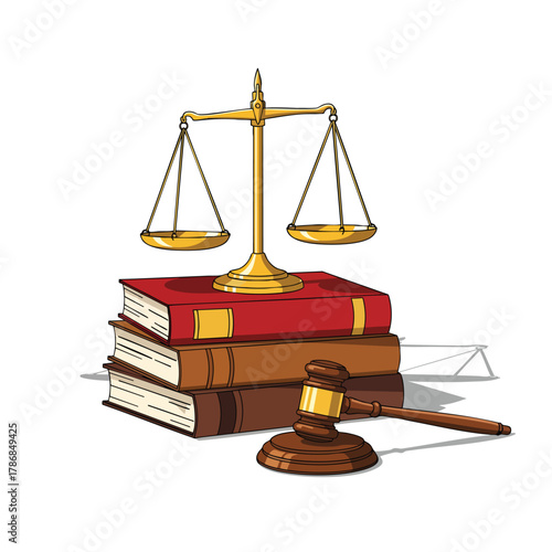 Golden Scales of Justice on a Stack of Law Books with a Wooden Gavel.