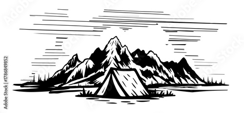 Vector hand-drawn illustration of camping site with tent and mountains on a background.