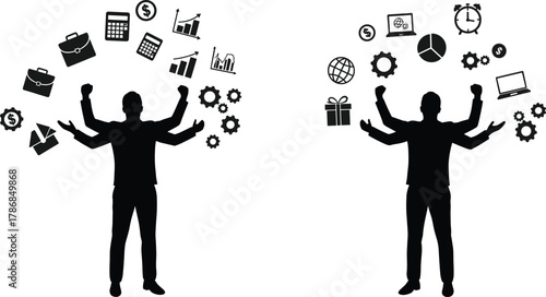 Multitasking silhouette, business and personal balance, productivity concept, time management, finance icons, work-life harmony, black vector illustration, dual responsibility