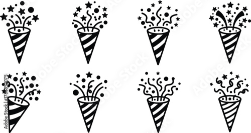 Party popper silhouettes, festive cone icons, bursting stars and streamers, celebration vector illustration set, holiday graphic design elements, event decoration artwork collection
