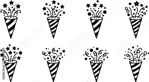 Party popper silhouettes, striped cone icons with stars and streamers, festive celebration vector illustration set, holiday artwork, event decoration graphic design elements