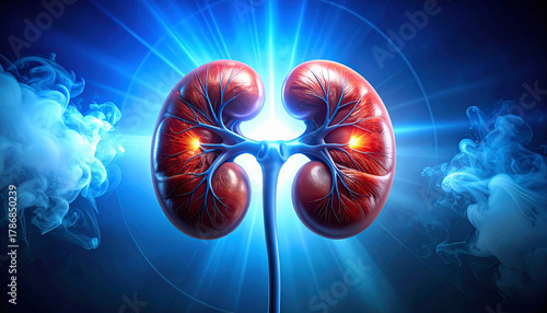 Medical Illustration of Human Kidneys with Glowing Effects.