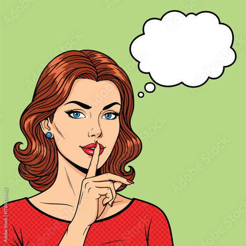 Pop art woman with wavy red hair and lipstick making a shushing gesture with her finger on her lips.
