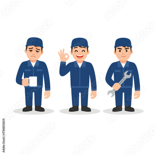 Set of a cartoon male mechanic in a blue uniform with different expressions tired happy and confident.