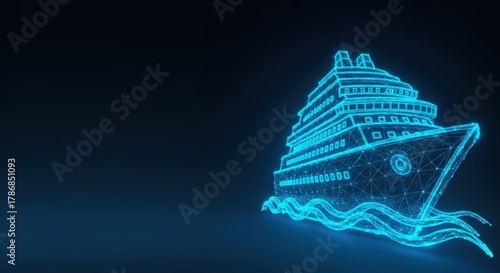 Fototapeta Naklejka Na Ścianę i Meble -  Digital cruise ship glowing blue on dark water
