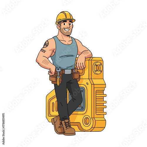 Smiling cartoon construction worker with a hard hat and tool belt leaning on machinery.