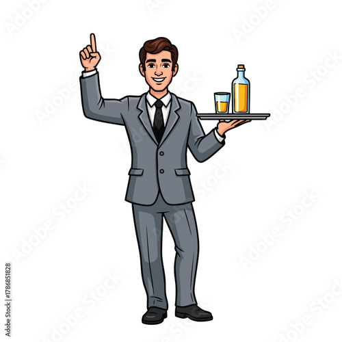 Smiling cartoon waiter in a grey suit holding a tray with drinks and pointing upwards.