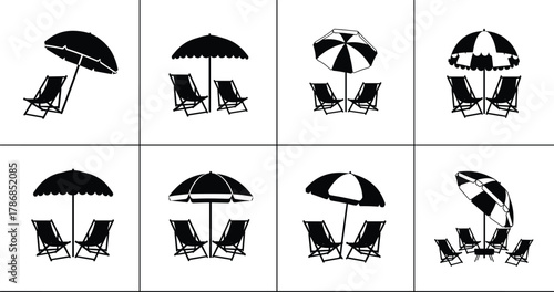 Summer beach umbrella and chair silhouette vector set, relaxing seaside vacation icons, tropical holiday elements for travel, resort, and leisure design