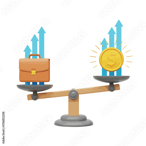 Tilted Wooden Balance Scale Showing a Shiny Gold Dollar Coin Outweighing a Brown Briefcase.