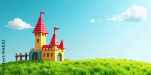 A whimsical miniature castle stands on a vibrant green hill under a cheerful blue sky, a charming scene of playful architecture and idyllic landscape