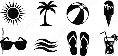 Summer icons vector set with sun, palm tree, beach ball, ice cream, sunglasses, waves, flip flops, and tropical drink symbols
