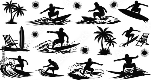 Surfing silhouette vector collection, surfer riding waves, beach summer scene with palm trees, sun, and surfboard icons for tropical holiday design