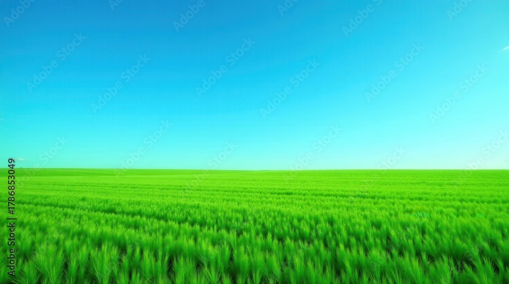Obraz premium Vibrant Green Field Under a Clear Blue Sky, a Peaceful and Serene Landscape Representing Nature's Beauty and the Promise of a Bountiful Harvest