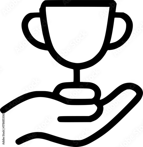 An outline icon representing championship, receiving an award, achievement, prize, excellence, and victory celebration
