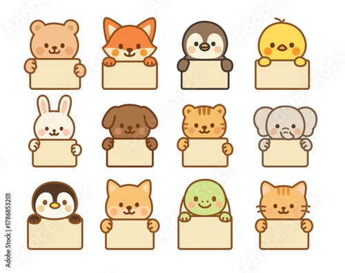 표지판을 든 귀여운 동물 캐릭터 세트
