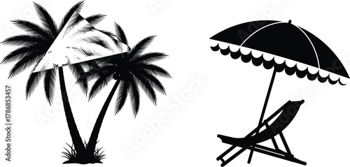 Tropical palm trees with hammock and beach chair under umbrella silhouette vector, summer vacation island illustration, seaside relaxation design art