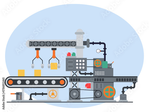 Industrial manufacture conveyor machine. Industry vector illustration. Flat illustration concept.