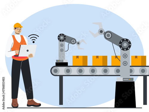 Male worker monitoring product packaging using machine. Manufacturing process at automated production industry. Industry vector illustration. Flat illustration concept.