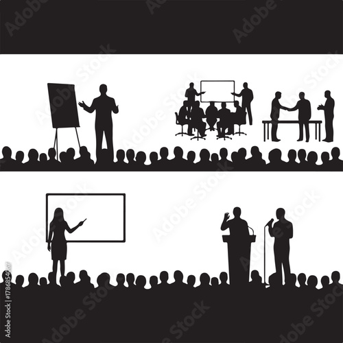 Political Debate or Public Speech Silhouette with Speakers and Audience A Conference, Presentation, or Formal Discussion Scene.