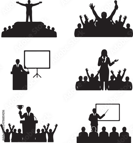  Public Speaking and Presentation Silhouettes Orator, Speaker, Presenter, Audience, Conference, and Seminar Icons Collection for Business Communication and Events
