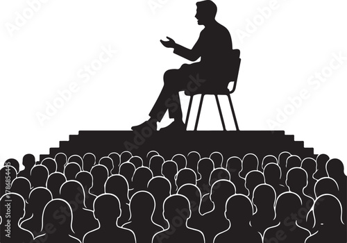 Silhouette of a professional speaker giving a captivating presentation or lecture to a large, attentive audience at a business conference or educational seminar