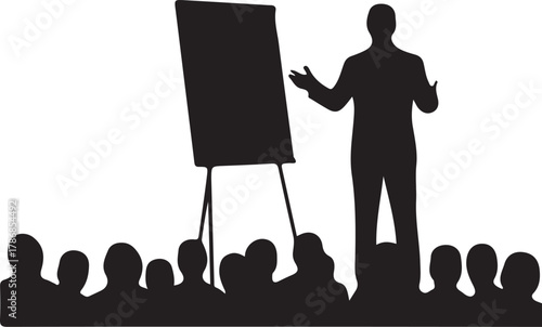  Silhouette of a professional speaker giving a presentation or seminar to an audience, with a blank flip chart or whiteboard for content, ideal for business, education, or training concepts