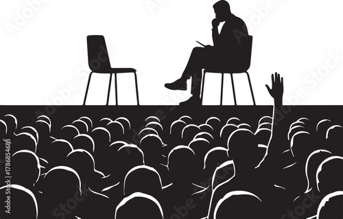  Silhouette of a speaker or interviewer on stage with an audience, one person raising a hand for a question, symbolizing interaction, debate, or public forum.