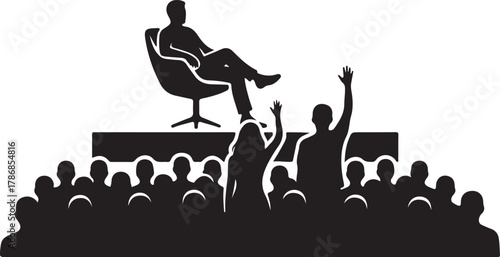 Silhouette of Public Speaker and Audience with Raised Hands, Representing a Q&A Session, Conference, Seminar, or Debate