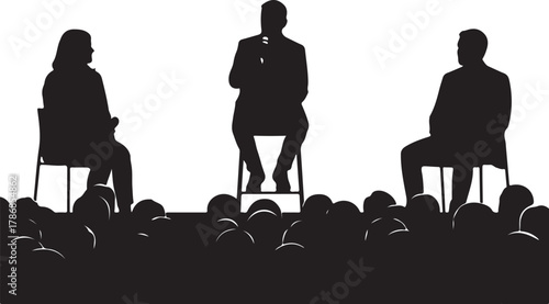Silhouettes of a panel discussion or conference with three speakers on stage addressing an audience, depicting a public speaking event or interview