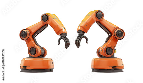 Two orange industrial robot arms isolated on transparent background, symbolizing automation, precision, and advanced technology, ready for manufacturing and engineering tasks
