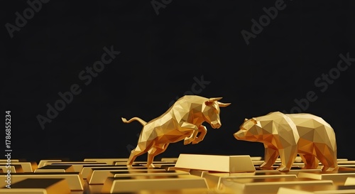 Financial Struggle: Low-Poly Golden Bull and Bear Statues on Bullion Bars Against Black