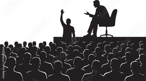 Silhouettes of Public Speaking, Presentations, and Success Events with Engaged Audiences Diverse Speakers, Triumphs, and Educational Scenarios.