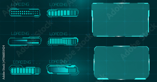 Futuristic HUD loading screen vector set with glowing blue digital bars, progress indicators, and virtual interface panels — perfect for technology, AI, and sci-fi themes.
