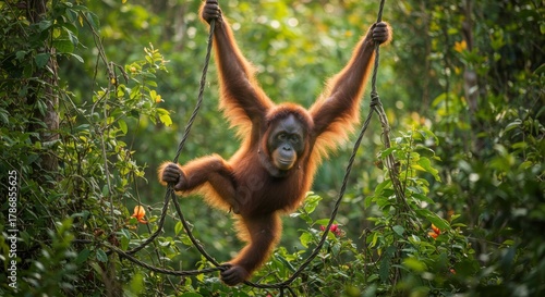 A young orangutan swings playfully from vines in a lush green rainforest habitat showcasing its