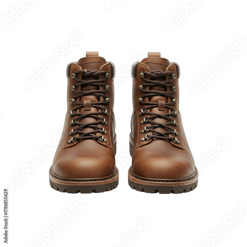 Pair of Brown Leather Hiking Boots with Black Laces and Metal Eyelets Isolated on Black Background Studio Shot