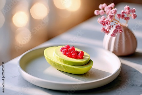A close-up shot of a plate holding sliced green fruit with red berries on top, next to a small vase of pink flowers.