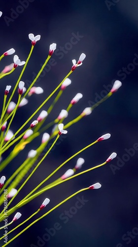 A close-up shot of delicate white and pink wildflowers with thin green stems, set against a dark, blurred background.