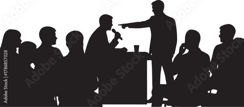  Dynamic silhouettes of a public debate or panel discussion, featuring a speaker with a microphone and a person pointing, representing communication, conflict, or a meeting